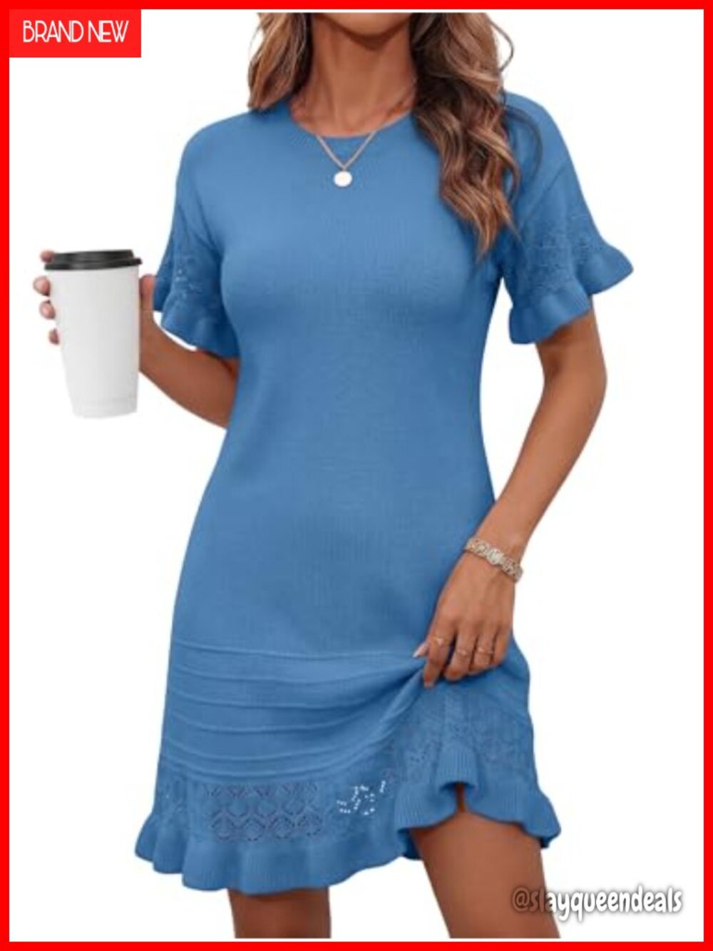 Ruffle Hem A-Line Mini Dress with Crochet Details Breathable Cotton Blend